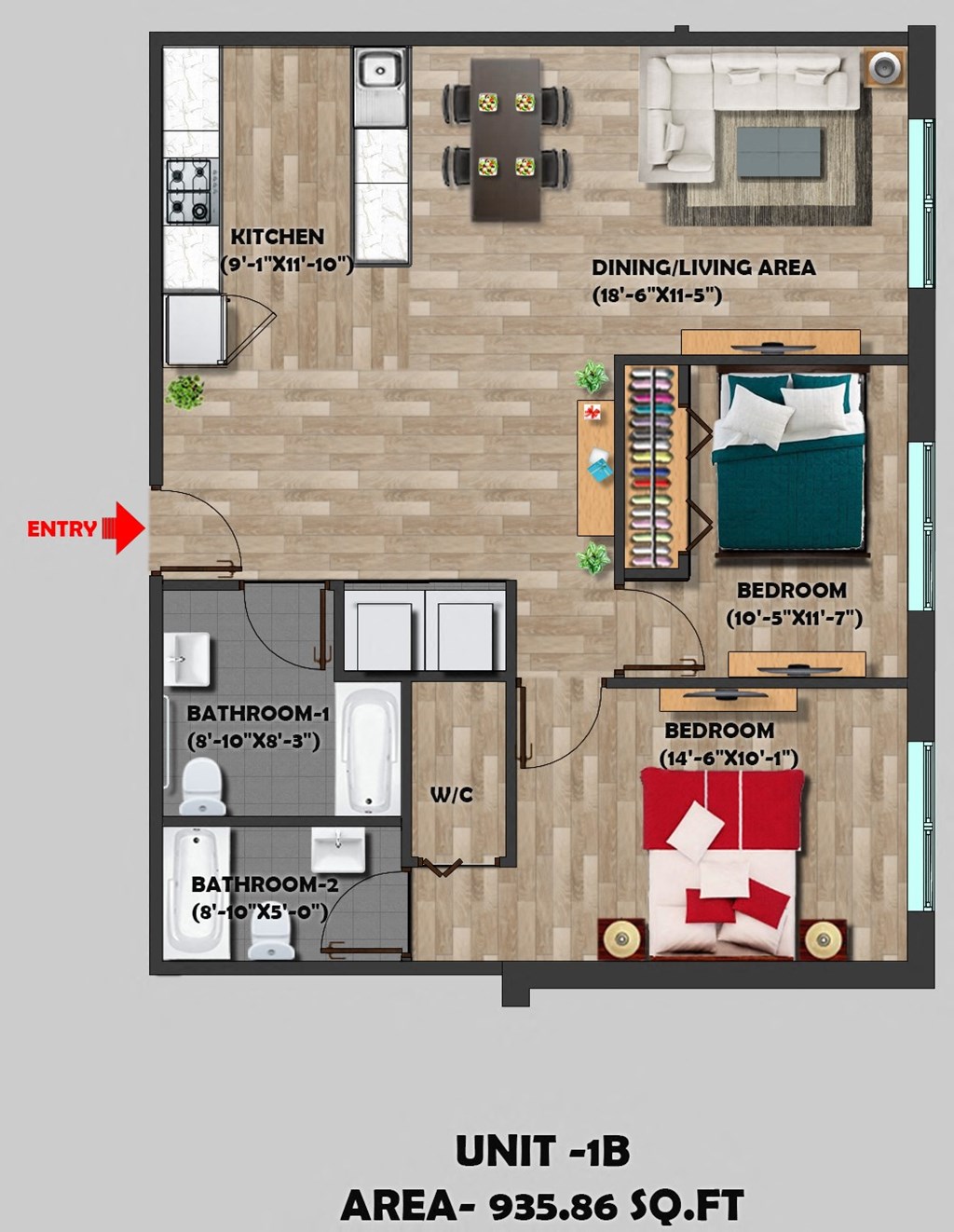 the floor plan of unit 1b