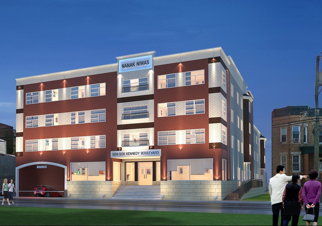 a rendering of a brick building with people standing in front of it