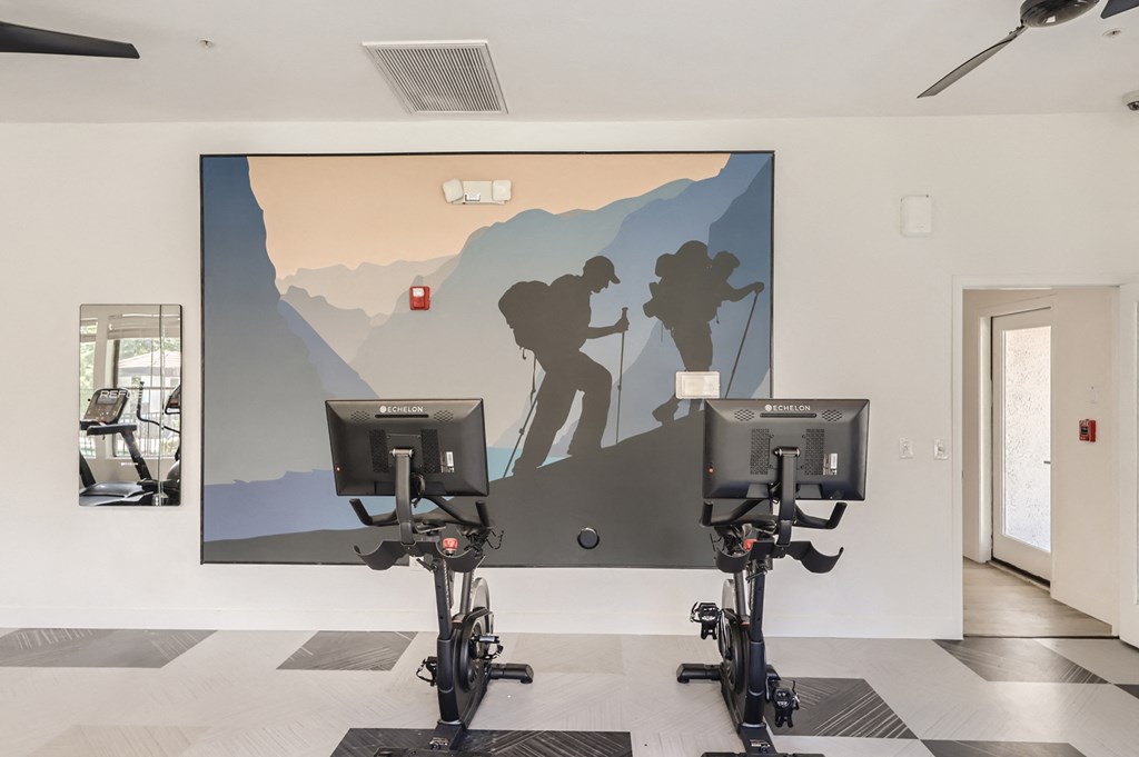 a painting of two people climbing a mountain on a wall in a gym