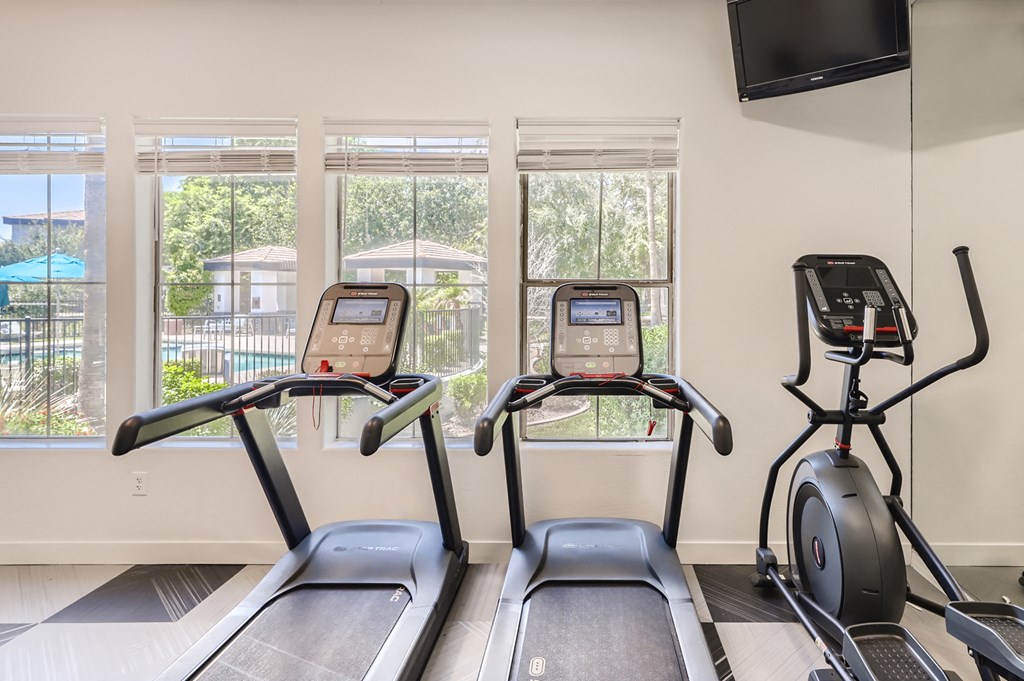 two treadmills and a tv in an indoor gym