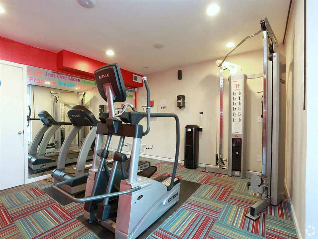 a gym with a lot of equipment in a room