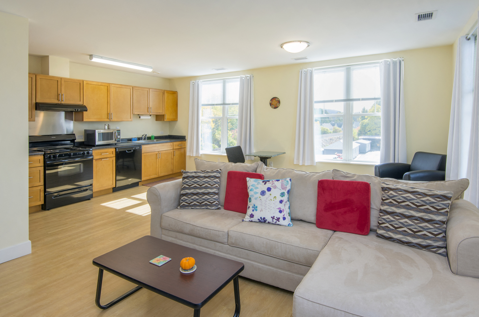 a living room and kitchen in an apartment