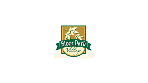a logo for bloom park village with a green ribbon