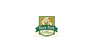a logo for bloom park village with a green ribbon
