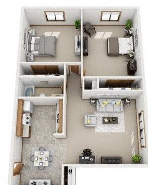 2 bed 1 bath apartment floor plan