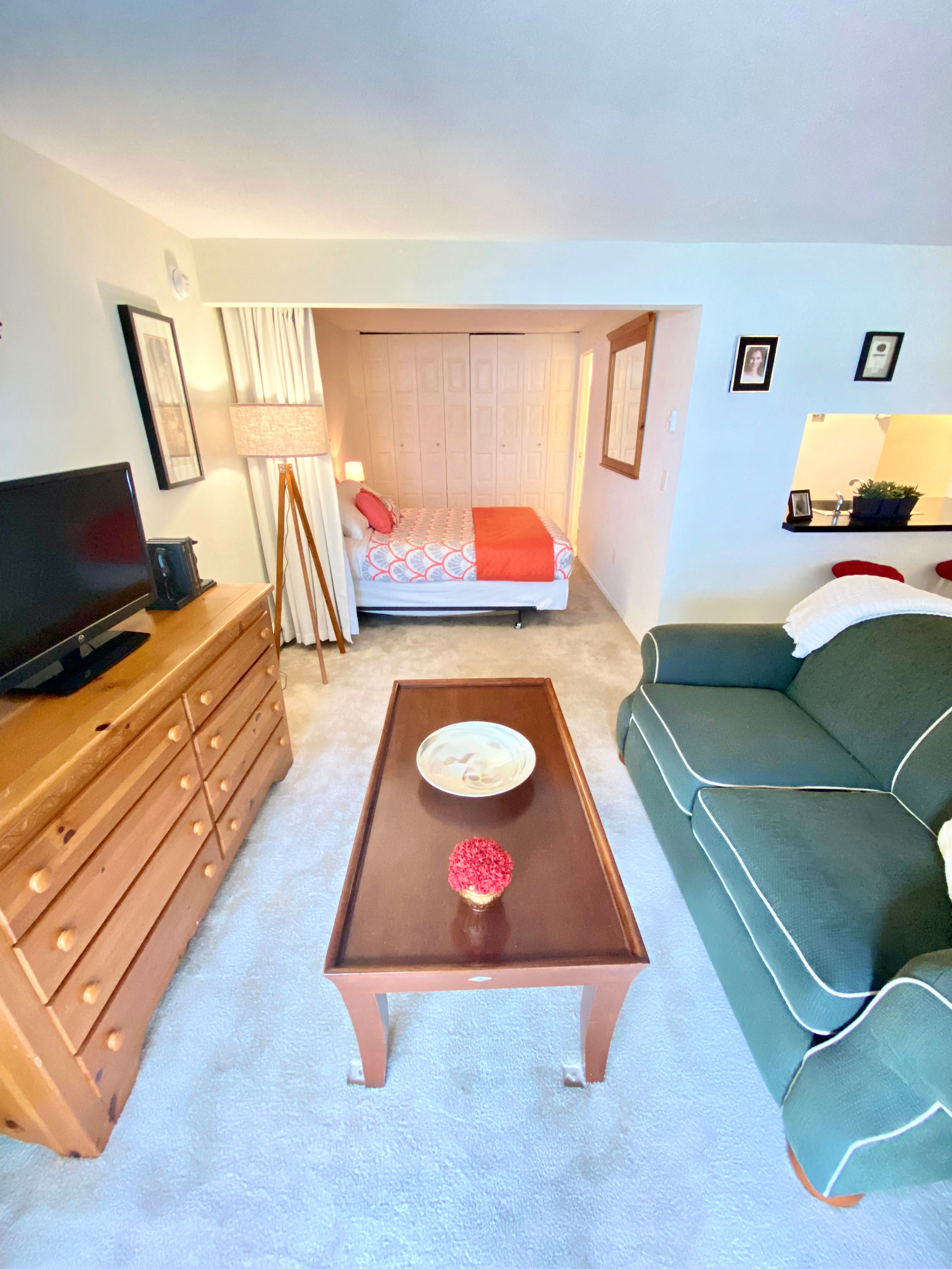 a living room with a couch and a coffee table and a bed