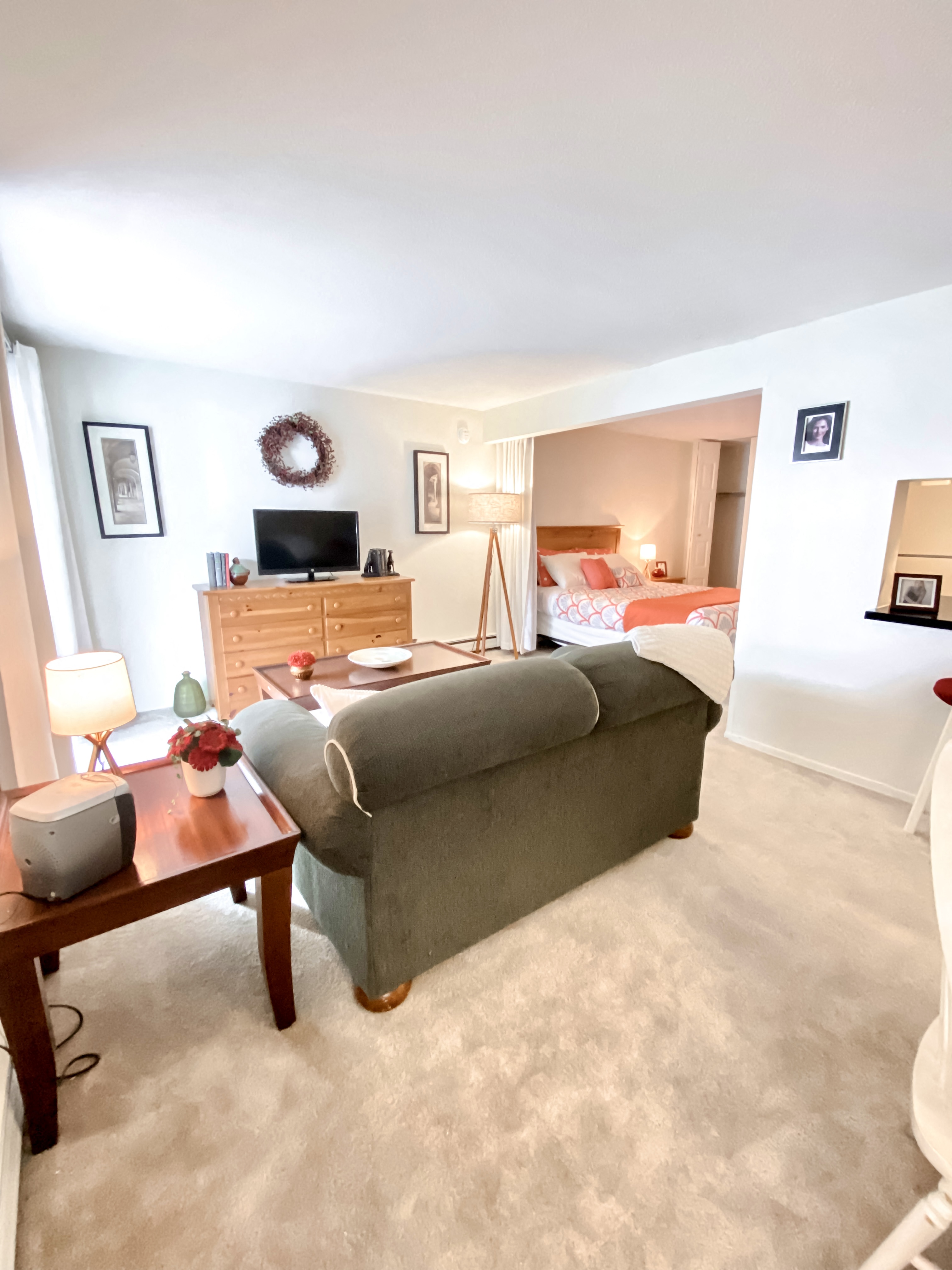 a living room with a couch and a table and a bed