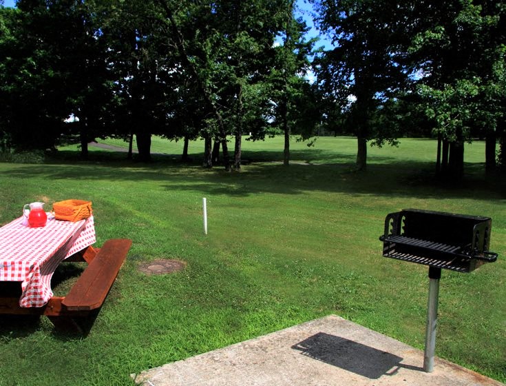 a picnic table and a grill in a park