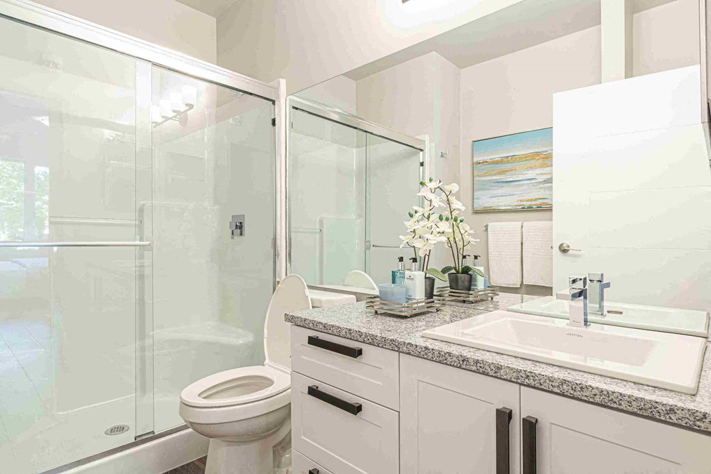 a bathroom with a sink toilet and a shower