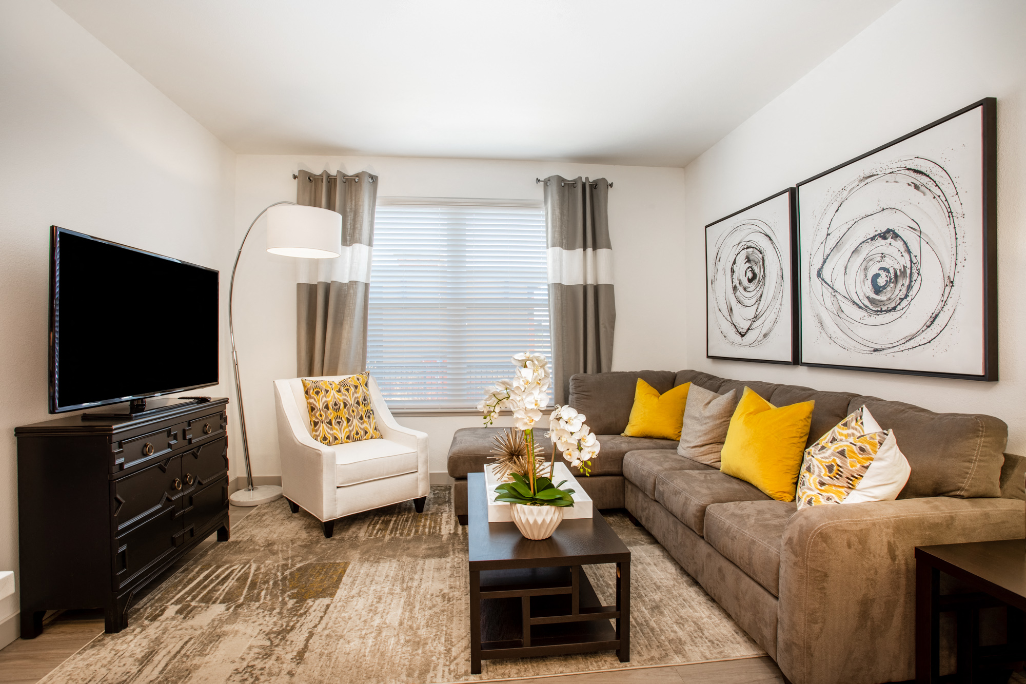 a living room with a couch and a tv