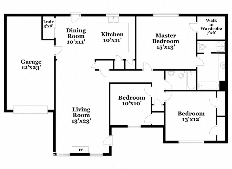 floor plan of a three bedroom house with a kitchen and a living room