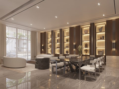 A modern dining room with a marble floor and a long table set for six.