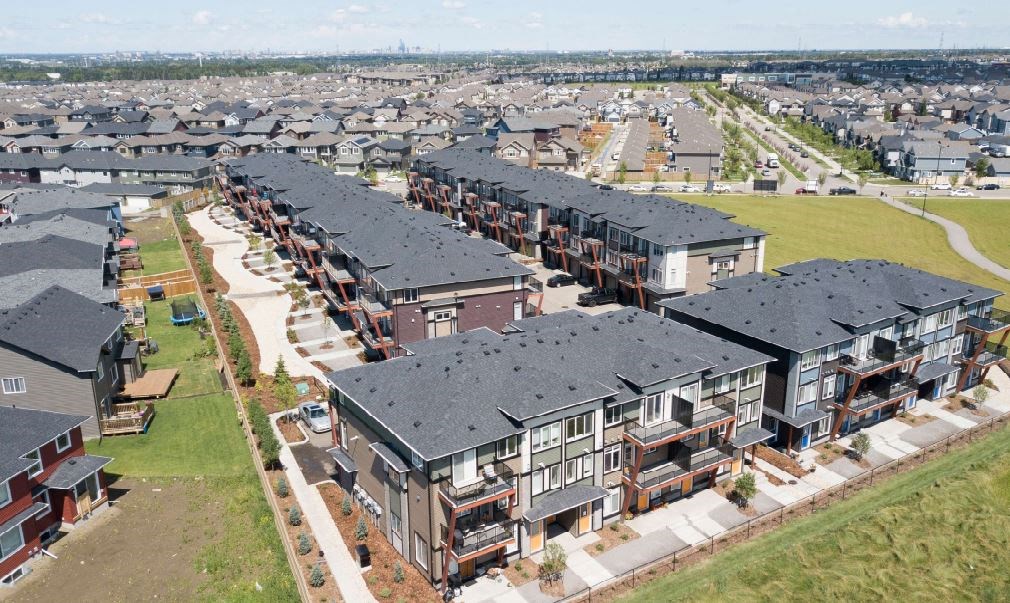 an aerial view of a row of houses