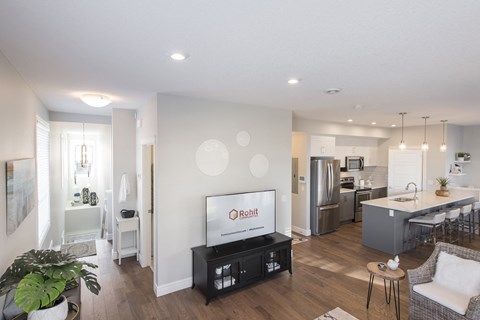 a living room with a television and a kitchen
