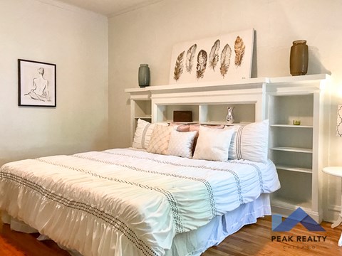 a bedroom with a bed and a shelf with feathers on it
