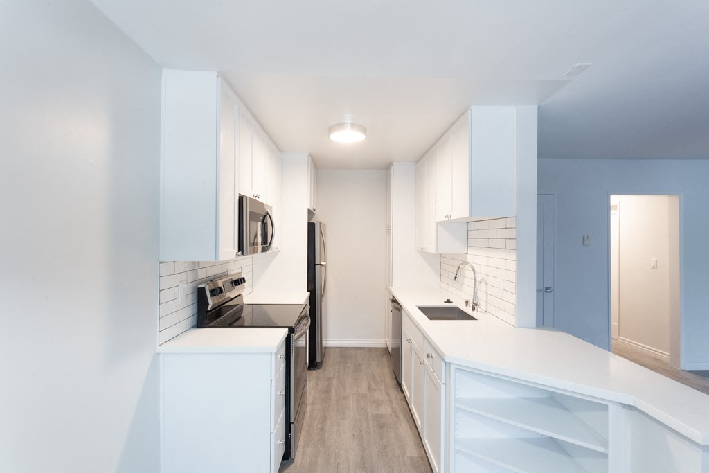Sleek kitchen in all white with small black accents