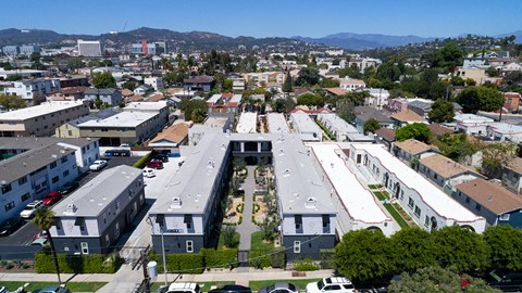 Aerial view of Blu on Burns buildings and courtyard