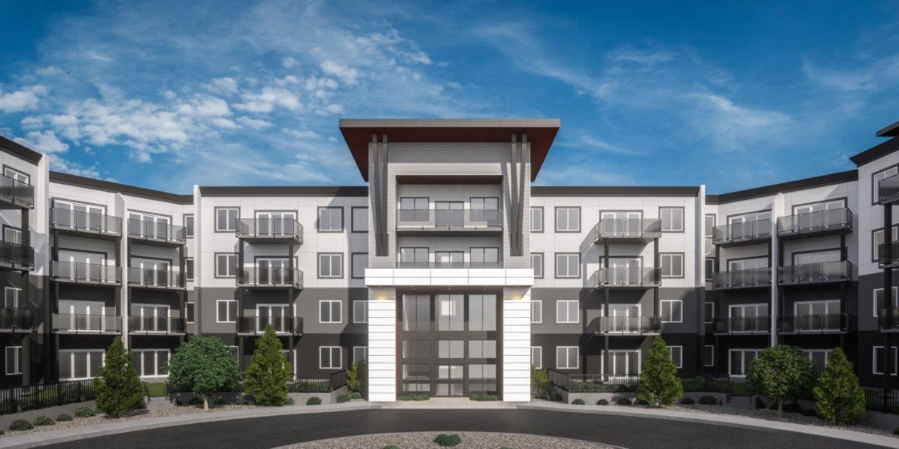 a rendering of an apartment building with a blue sky in the background