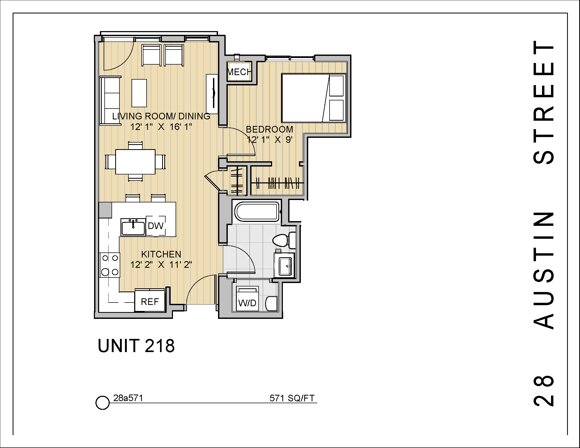 1 Bed 1 Bath 28a571 571 Sq.Ft. Floor Plan at 28 Austin St, Massachusetts, 02460