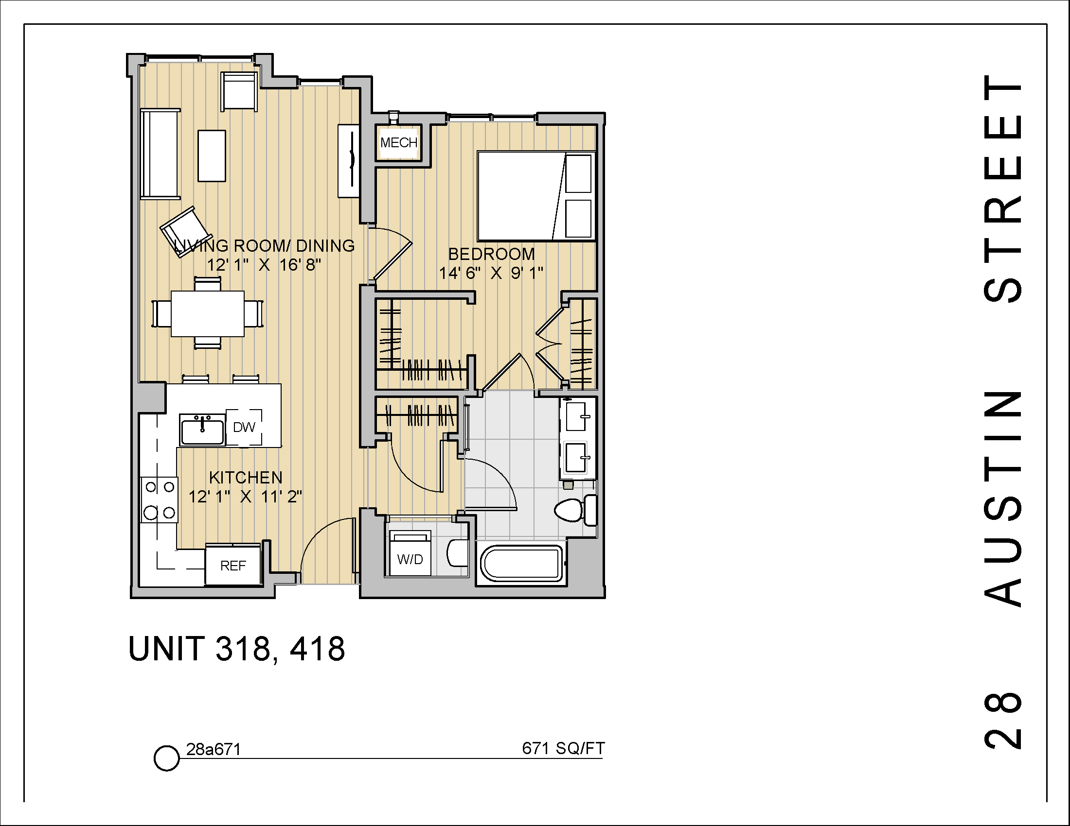 1 Bed 1 Bath 28a671 671 Sq.Ft. Floor Plan at 28 Austin St, Newton, MA, 02460