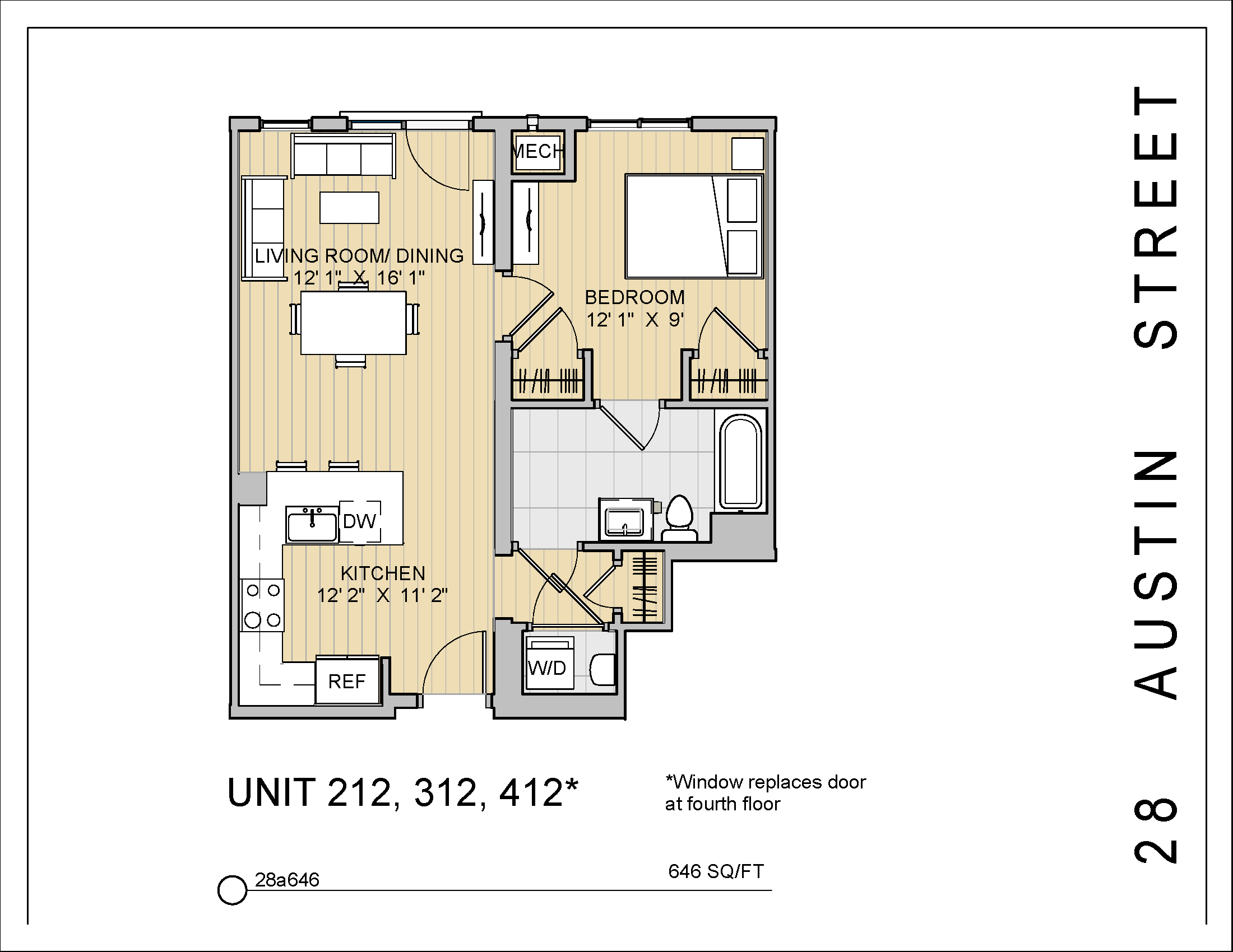 1 Bed 1 Bath 28a646 646 Sq.Ft. Floor Plan at 28 Austin St, Massachusetts
