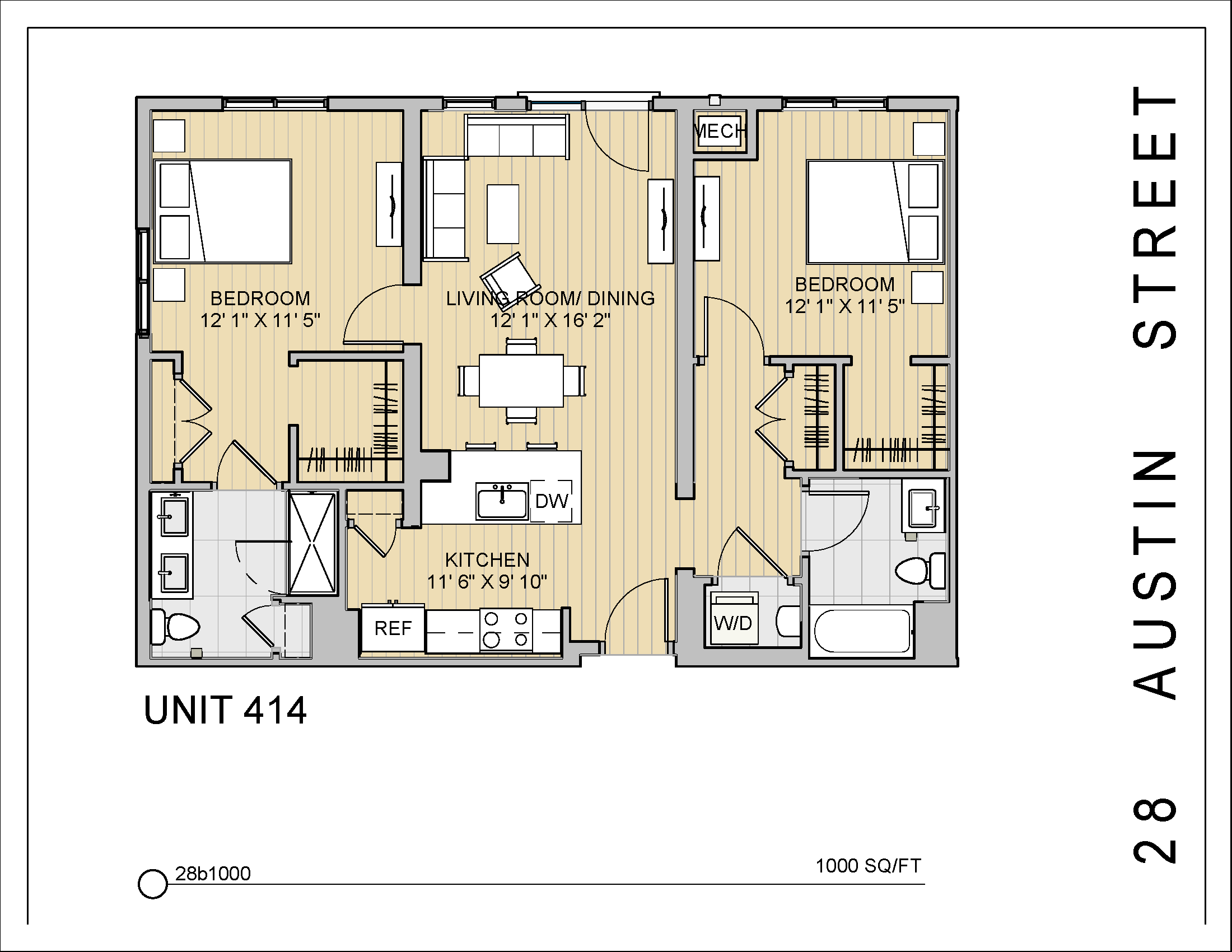 2 Bed 2 Bath 28b1000 1,000 Sq.Ft. Floor Plan at 28 Austin St, Massachusetts, 02460