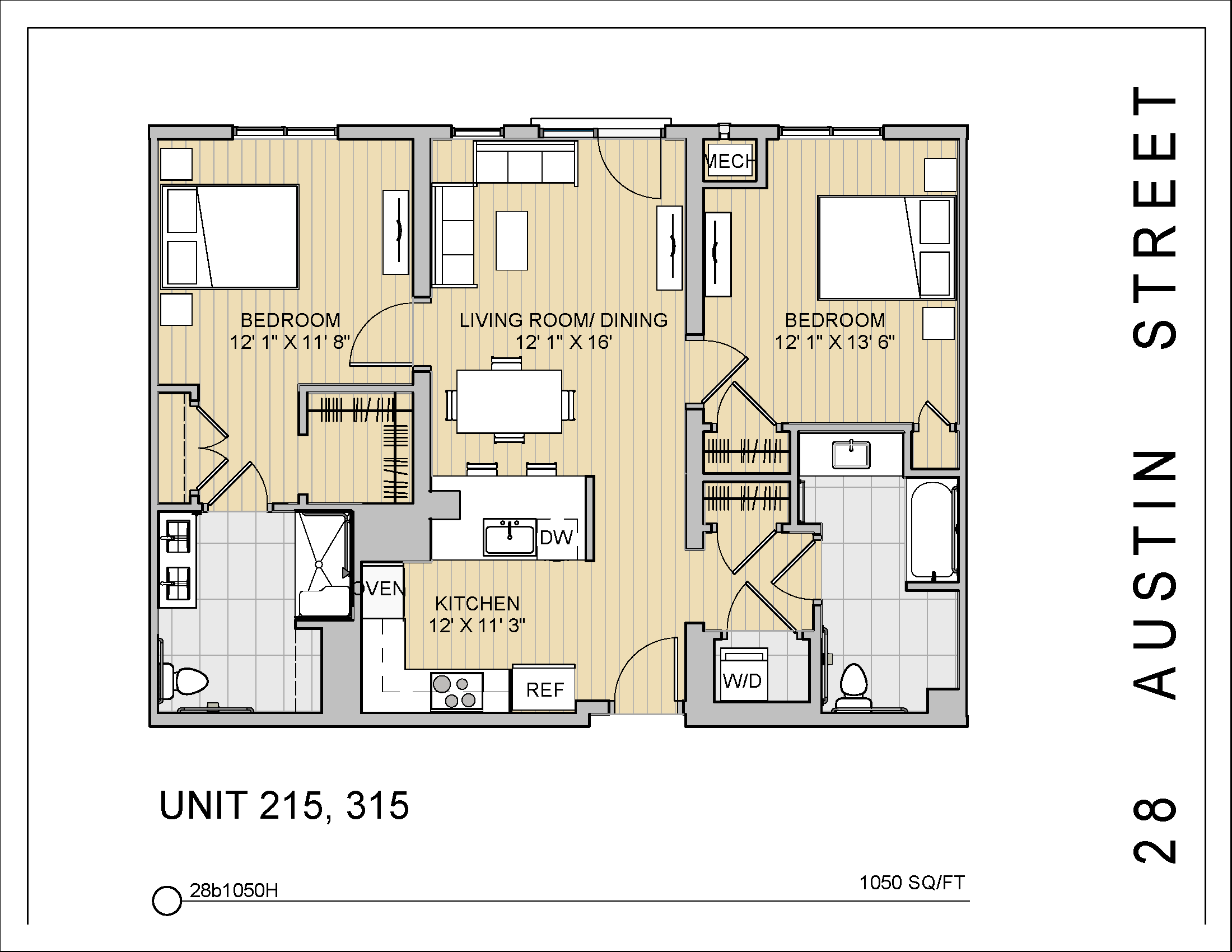 2 Bed 2 Bath 28b1050H 1,050 Sq.Ft. Floor Plan at 28 Austin St, Newton, 02460