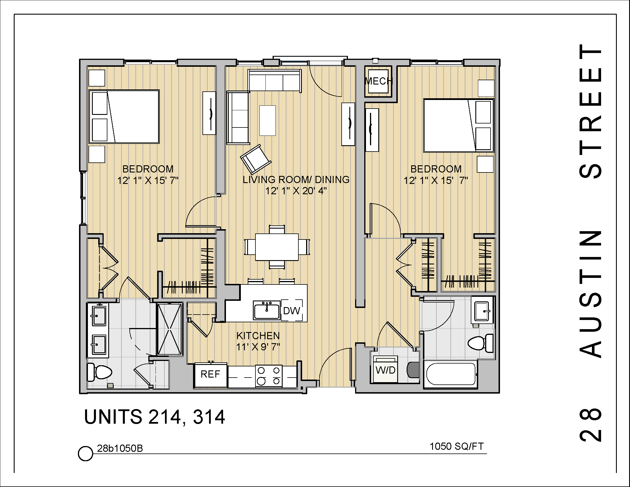 2 Bed 2 Bath 28b1050B 1,050 Sq.Ft. Floor Plan at 28 Austin St, Newton, MA