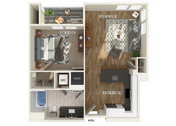 One bedroom floor plan at The Braydon Apartments in Napa CA