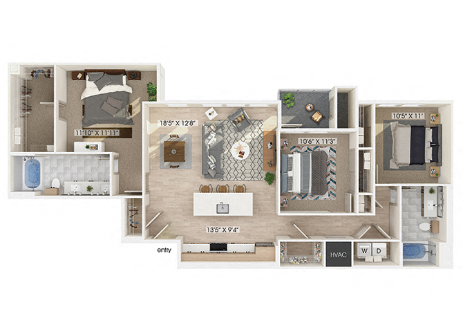 Three bedroom floor plan at The Braydon Apartments in Napa CA