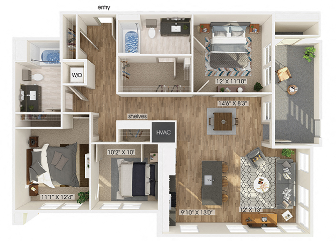 Three bedroom floor plan at The Braydon Apartments in Napa CA
