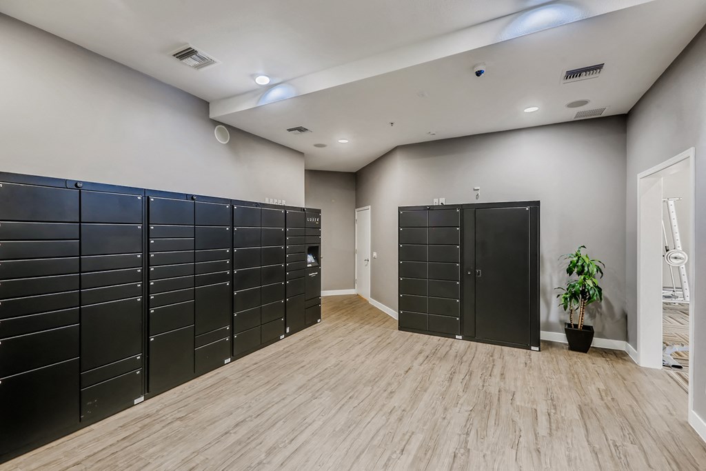 a large room with lockers and a plant in the corner