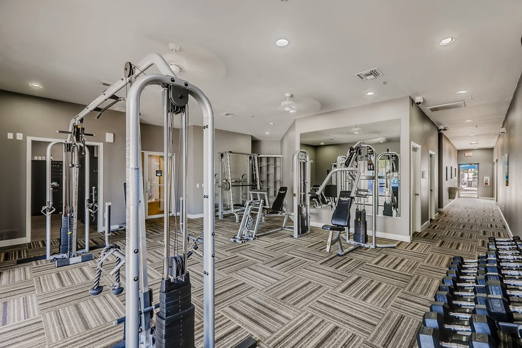 a gym with cardio equipment and weights in a building