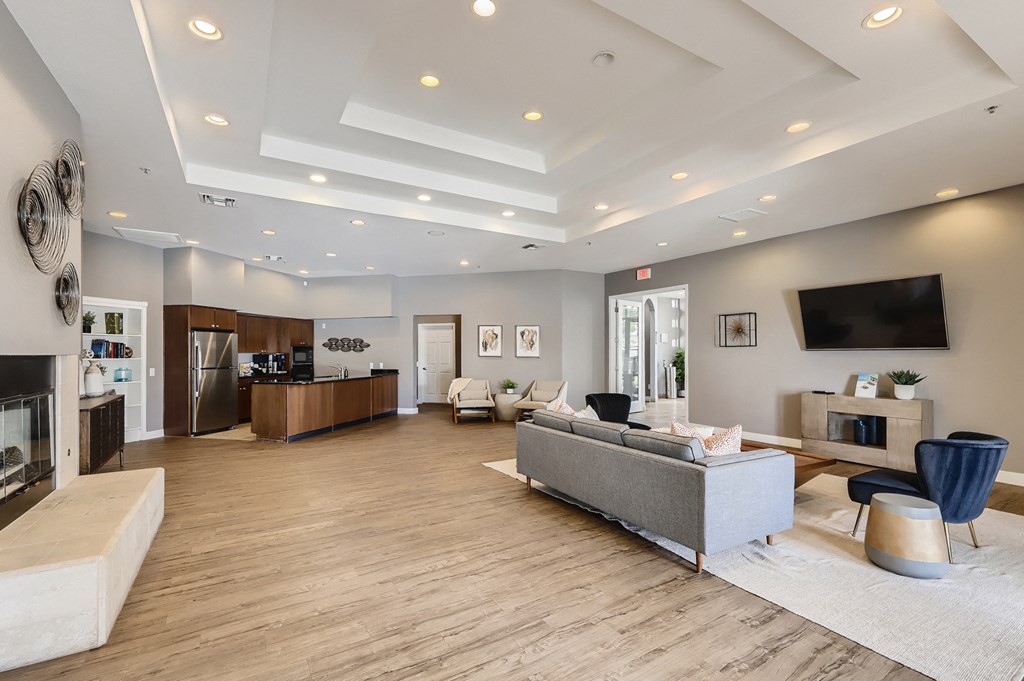 a living room with a couch and a fire place