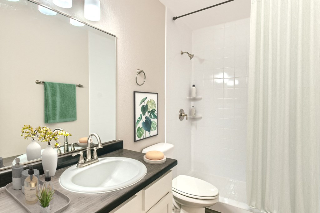 a bathroom with a sink and a shower and a mirror