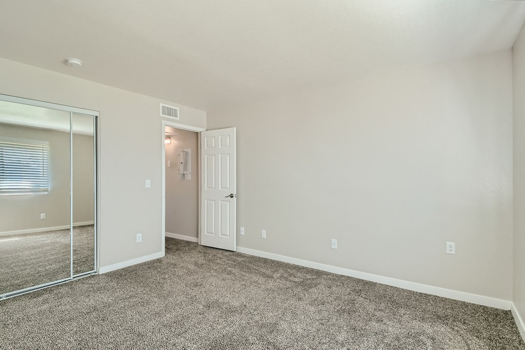 an empty room with carpet and a mirrored closet