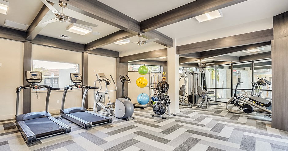 a gym with cardio machines and other exercise equipment