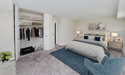 a bedroom with a bed and a closet
