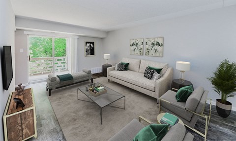 a living room with couches and chairs and a table