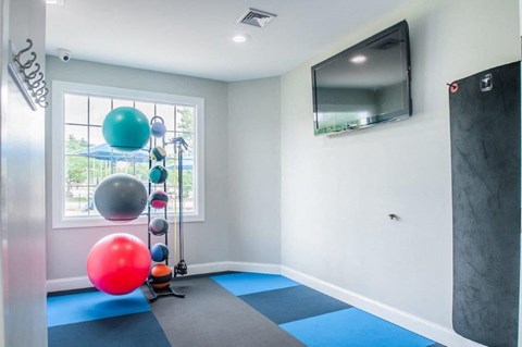 the exercise room at the gym with a window and colorful balls