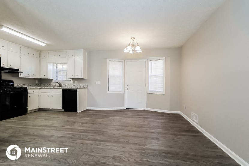 an empty kitchen with white cabinets and a dark wood floor