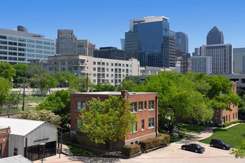 a view of the city from the roof of a building
