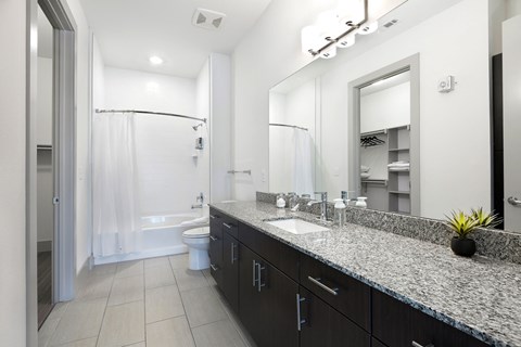 a bathroom with a granite counter top and a shower