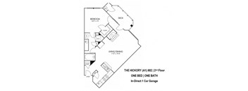 Hickory Floorplan - 1 bed, 1 bath, 682 square feet, 2nd level.