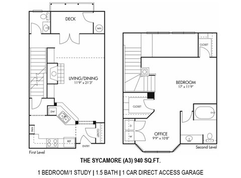 Sycamore Floorplan - 1 bed, 1.5 bath, 940 square feet, Townhome