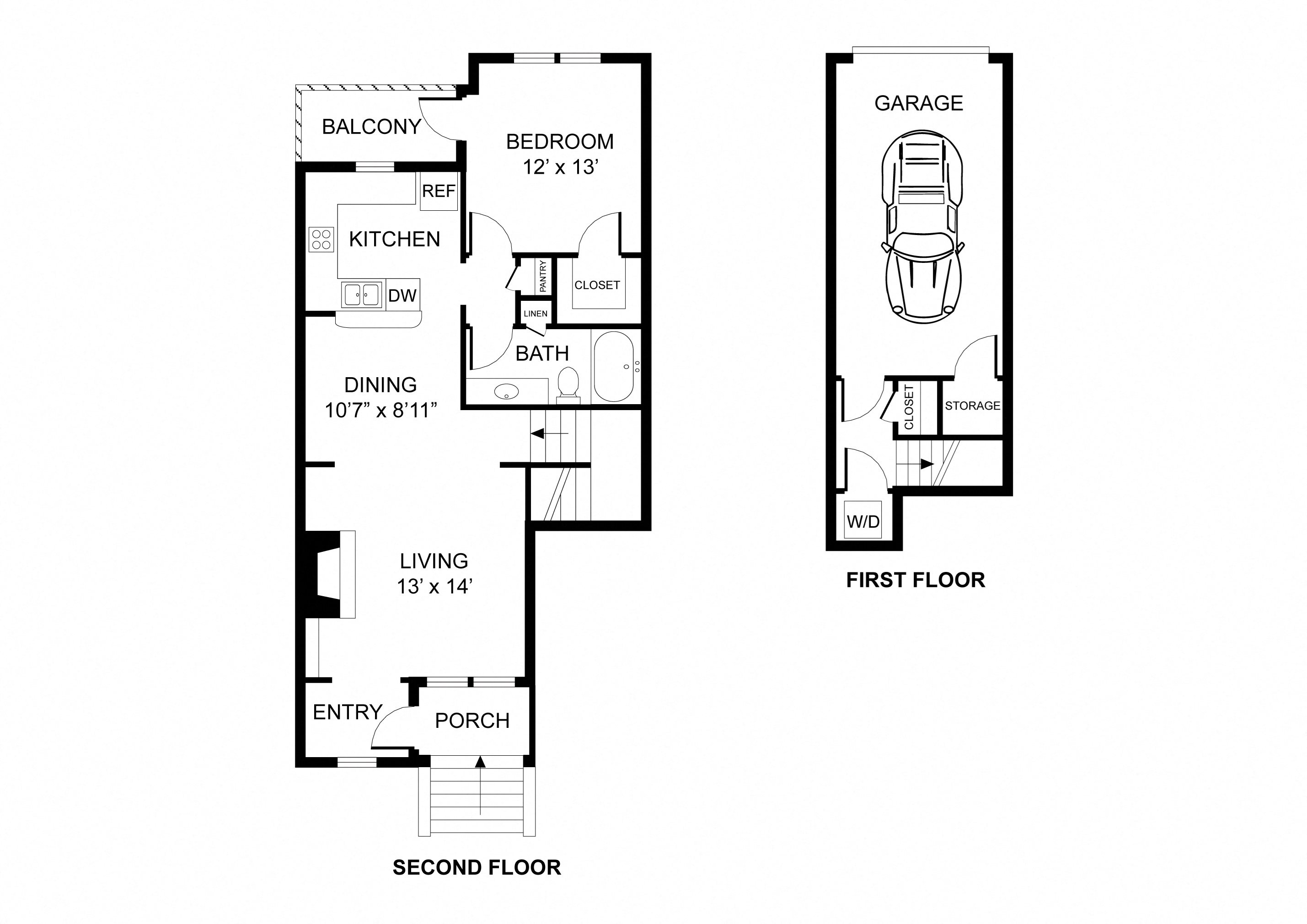 One bedroom, one bathroom, townhome, THE AMHERST floor plan, 819 square feet. One bedroom, one bathroom, townhome, walk-in closet, laundry room, hvac room, pantry, living room, kitchen THE AMHERST floor plan, 819 square feet.