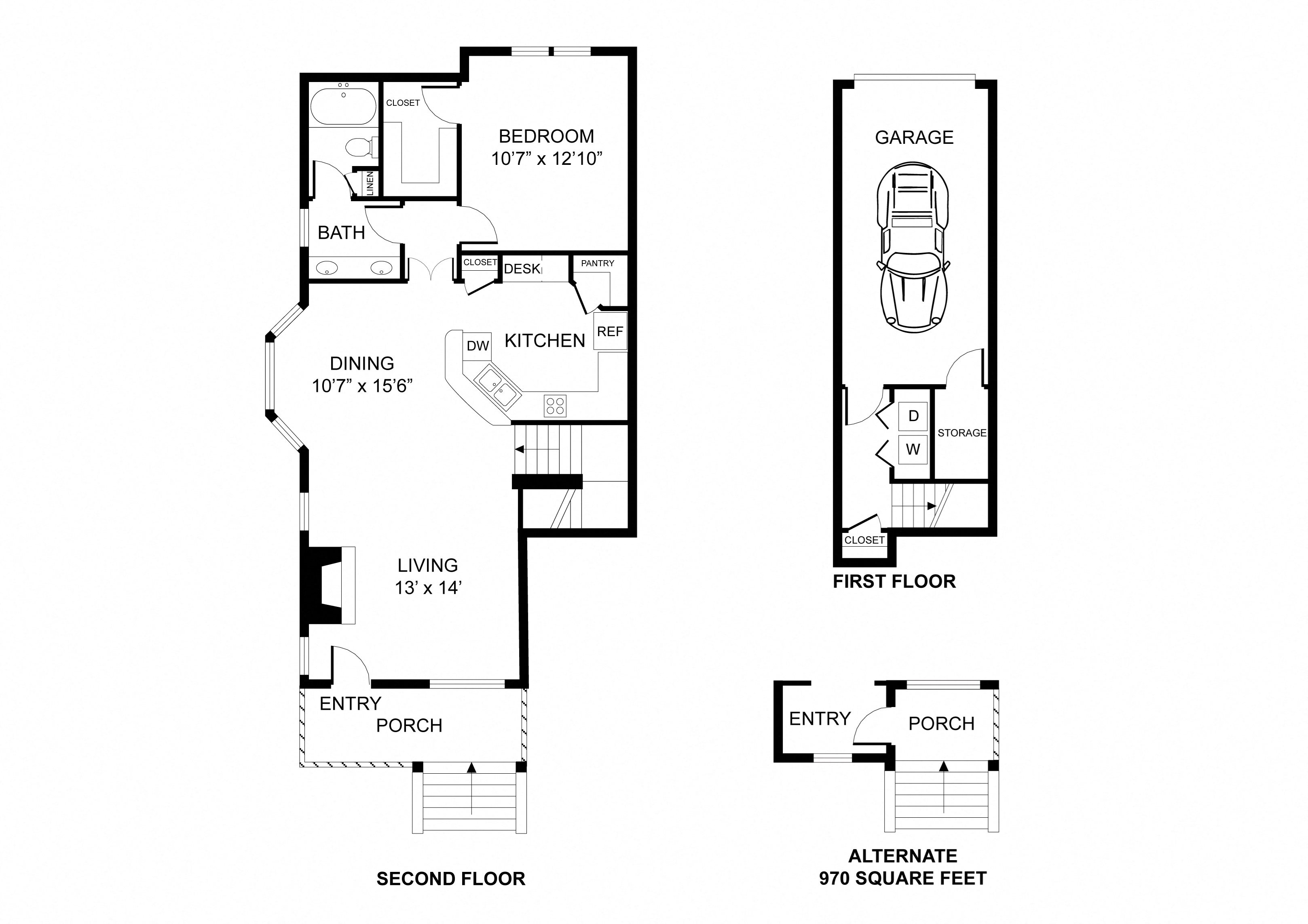 One bedroom, one bathroom, THE ST. JOHNS floor plan, 926 square feet. One bedroom, one bathroom, walk in closet, laundry room, hvac room, pantry, living room, kitchen THE ST. JOHNS floor plan, 926 square feet.