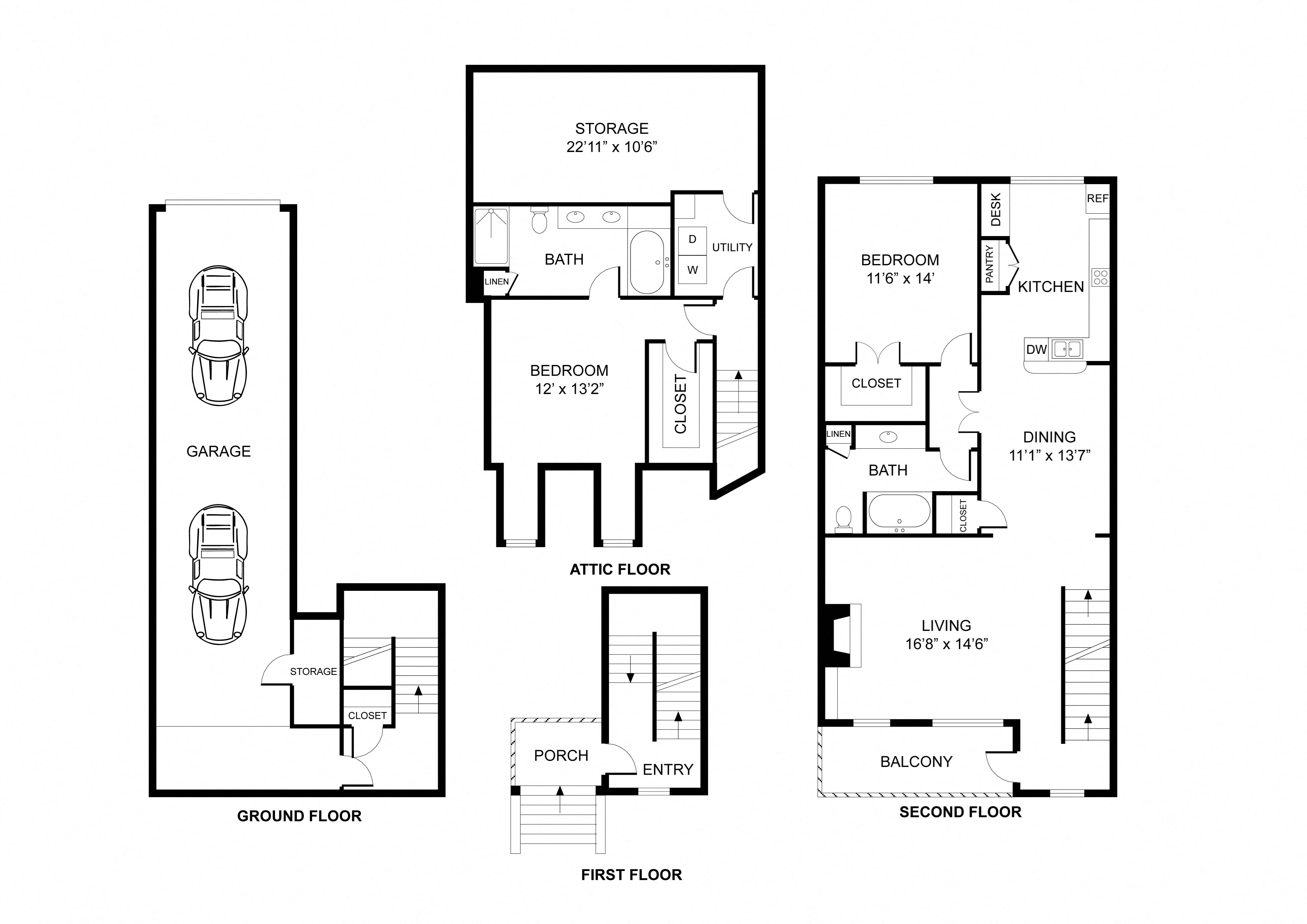 Two bedroom, two bath, townhome, THE LAKESIDE floor plan, 1508 square feet. Two bedroom, two bath, townhome, kitchen, pantry, coat closet, living/dining room, two walk in closets, linen closet and laundry room. THE LAKESIDE floor plan, 1508 square feet.