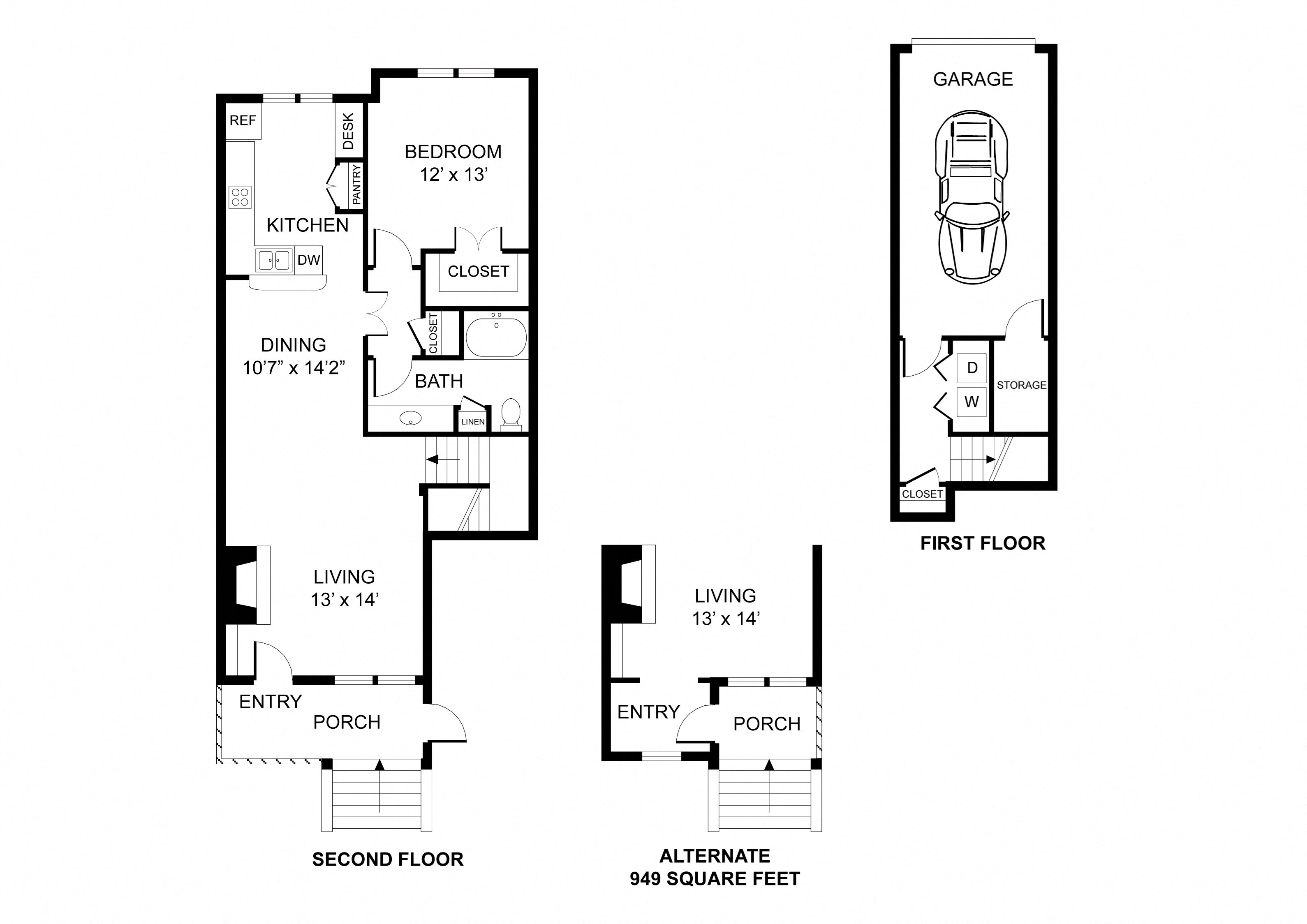 One bedroom, one bathroom, THE PURDUE floor plan, 906 square feet. One bedroom, one bathroom, town home, walk in closet, laundry room, hvac room, pantry, living room, kitchen, THE PURDUE floor plan, 906 square feet.
