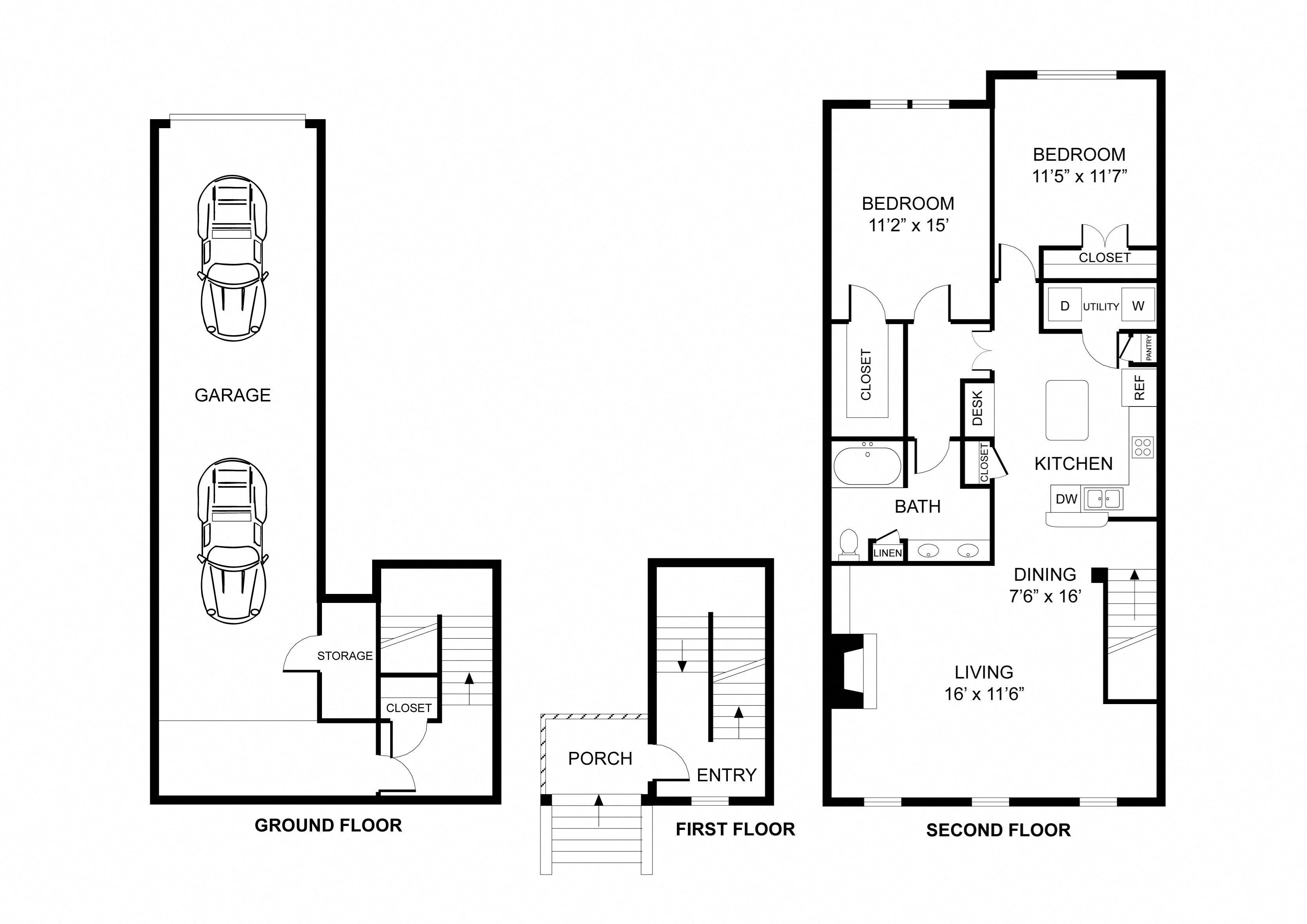 Two bedroom, one bathroom, town home, THE STANFORD floor plan, 1143 square feet. Two bedroom, one bathroom, town home, walk in closet, laundry room, hvac room, pantry, living room, kitchen.THE STANFORD floor plan, 1143 square feet.